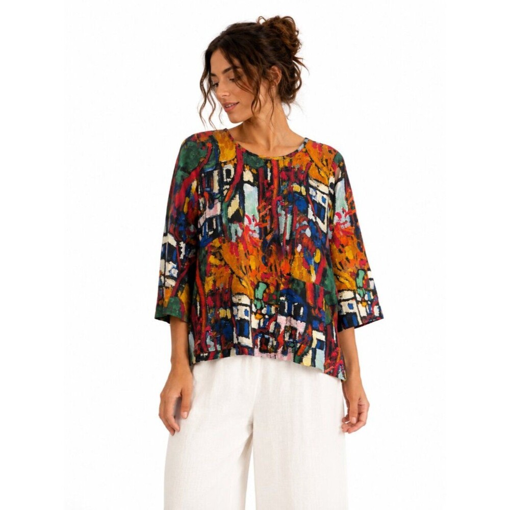 Shana Abstract Art Print 3/4 Sleeve Tunic Blouse Rayon Blend Size XS Boho Chic
